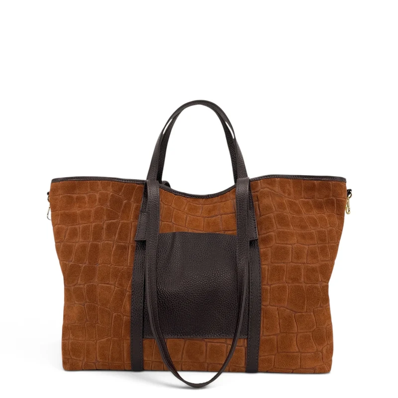 Grand sac cabas en cuir grainé et daim VENICE Marron camel foncé