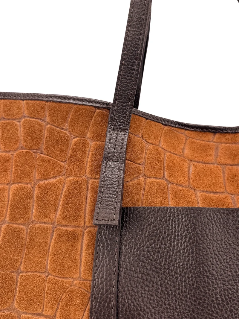 Grand sac cabas en cuir grainé et daim VENICE Marron camel foncé