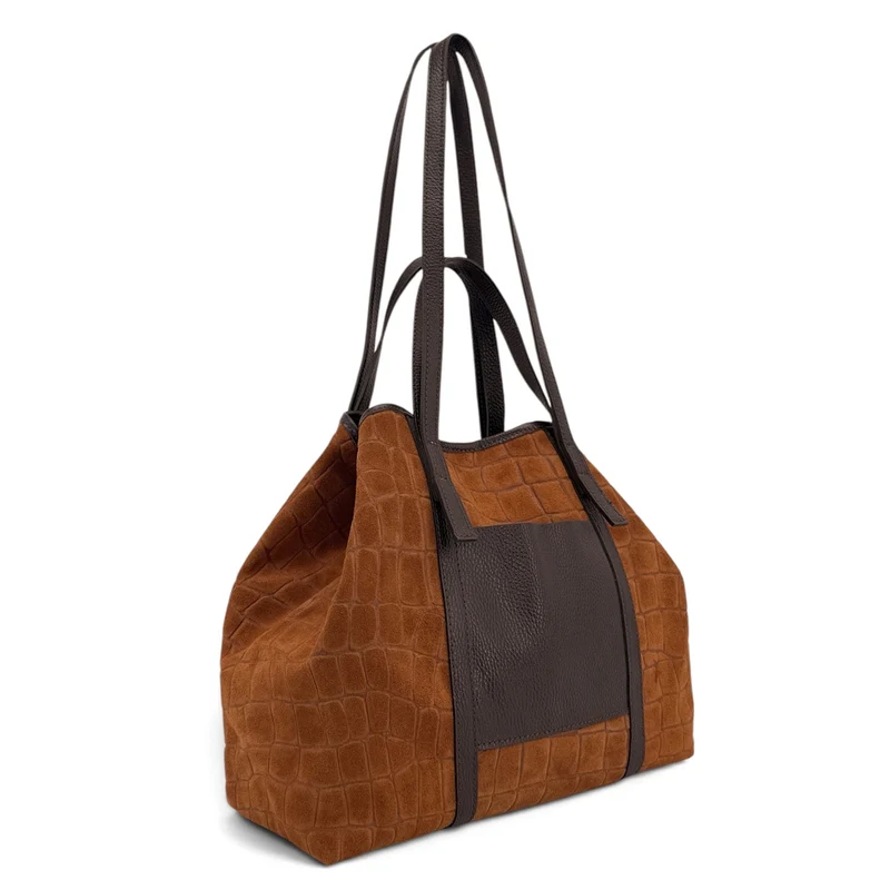Grand sac cabas en cuir grainé et daim VENICE Marron camel foncé