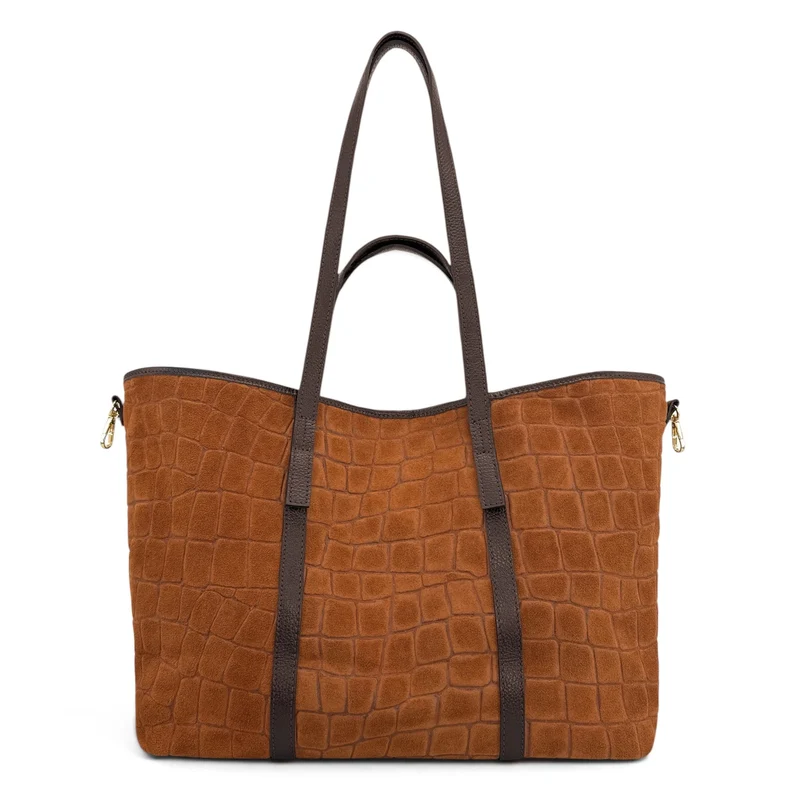 Grand sac cabas en cuir grainé et daim VENICE Marron camel foncé