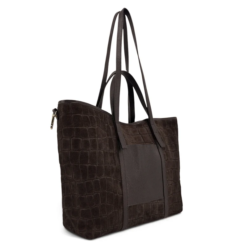 Grand sac cabas en cuir grainé et daim VENICE Marron cacao