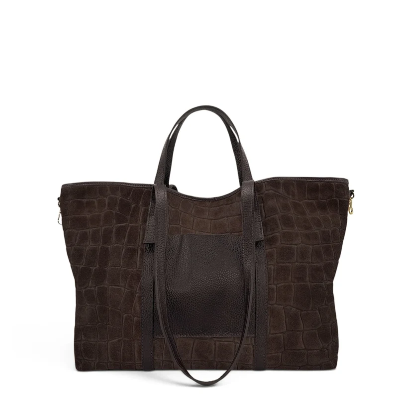 Grand sac cabas en cuir grainé et daim VENICE Marron cacao