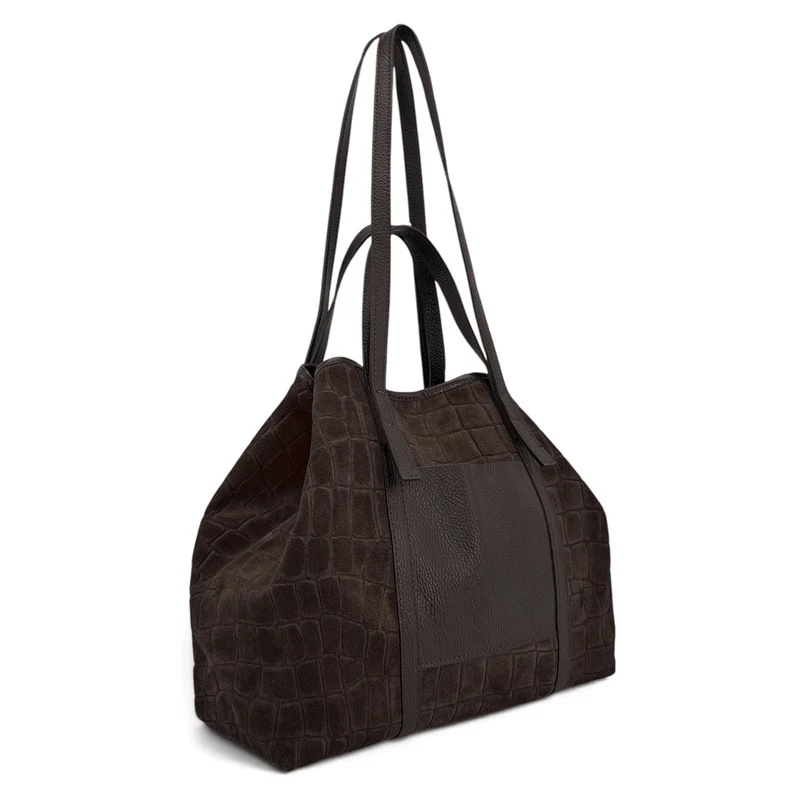 Grand sac cabas en cuir grainé et daim VENICE Marron cacao