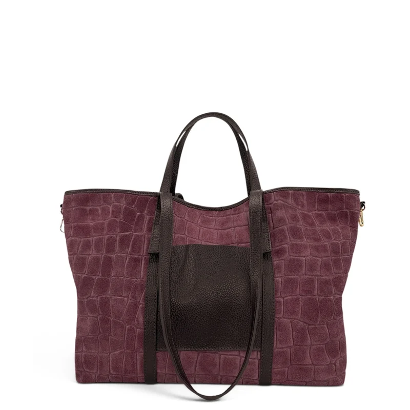 Grand sac cabas en cuir grainé et daim VENICE Bordeaux