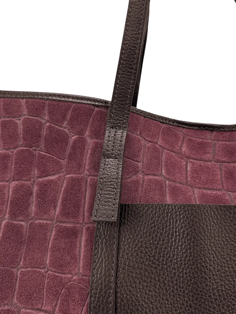 Grand sac cabas en cuir grainé et daim VENICE Bordeaux