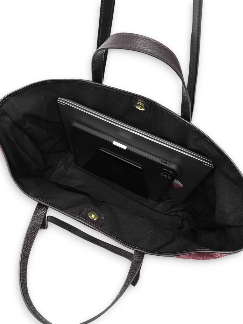Grand sac cabas en cuir grainé et daim VENICE Bordeaux