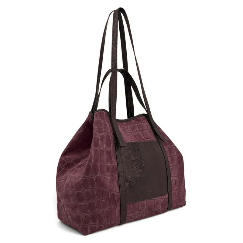 Grand sac cabas en cuir grainé et daim VENICE Bordeaux