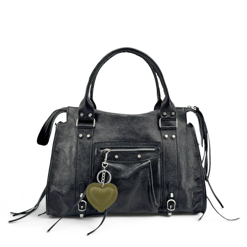Porte-clés en cuir grainé COEUR SILVER Vert olive