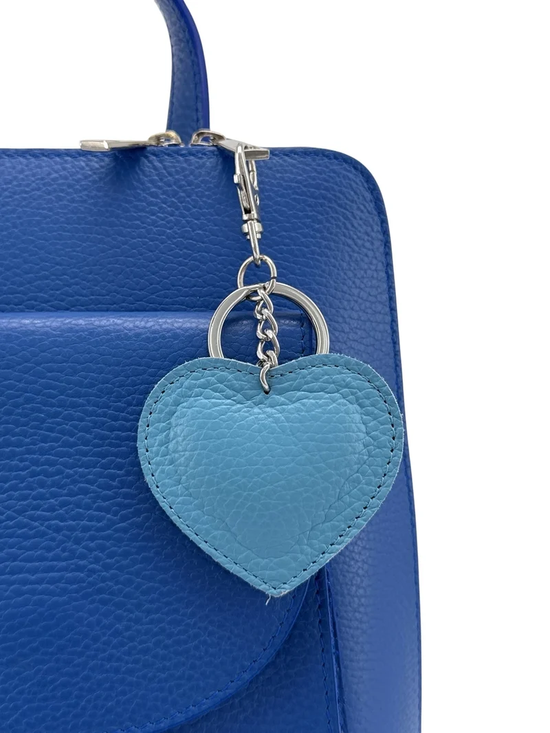 Porte-clés en cuir grainé COEUR SILVER Bleu céleste