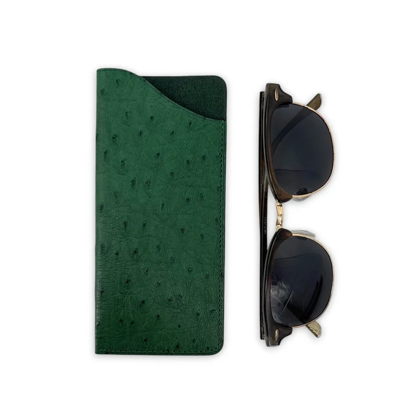 Etui à lunettes en cuir d'autruche édition Haute-couture Vert forêt