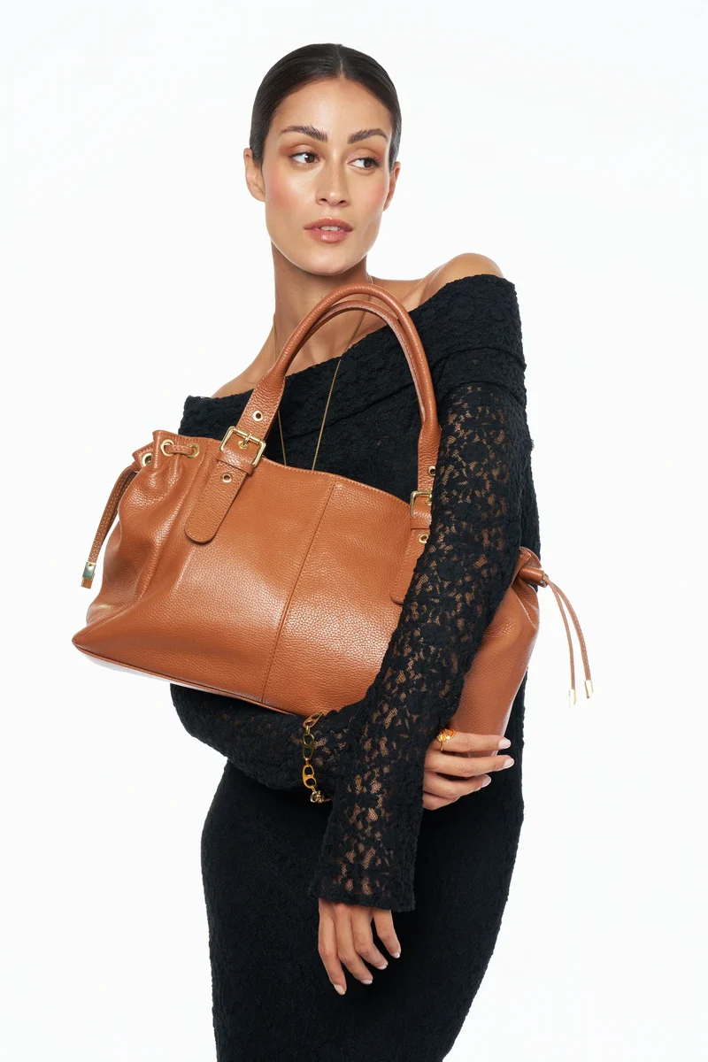 Sac bowling en cuir grainé PRINCESSE XL Marron camel foncé