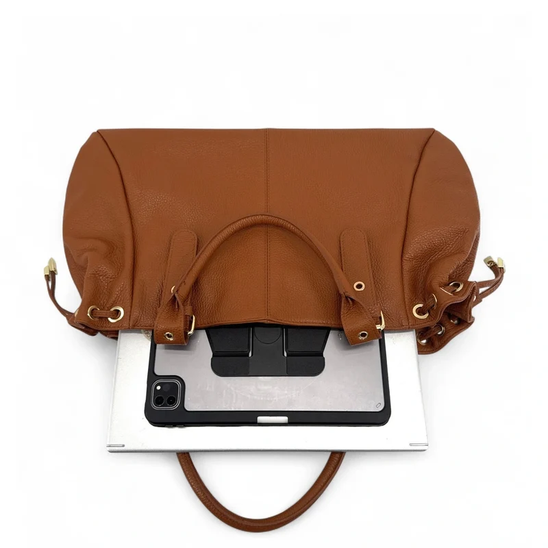 Sac bowling en cuir grainé PRINCESSE XL Marron camel foncé