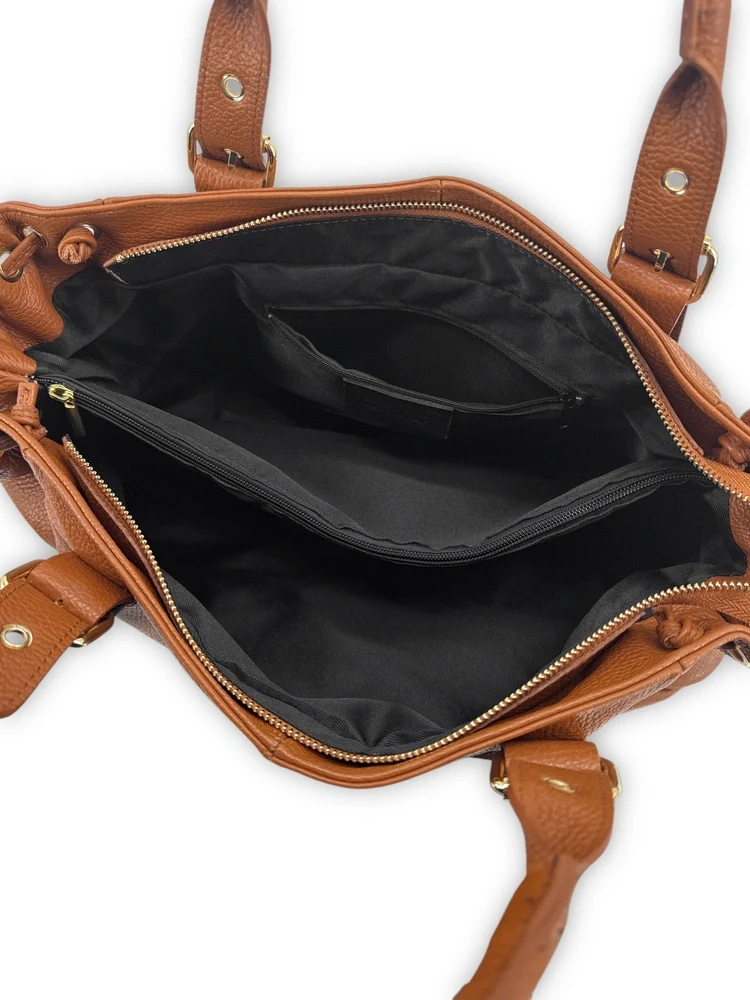 Sac bowling en cuir grainé PRINCESSE XL Marron camel foncé