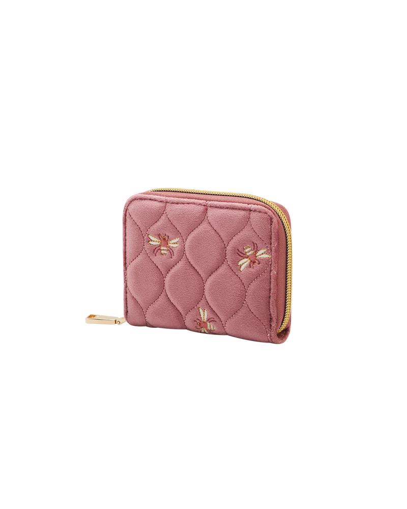 Quilted Bee Embroidered Small Purse in Rose Pink Velvet