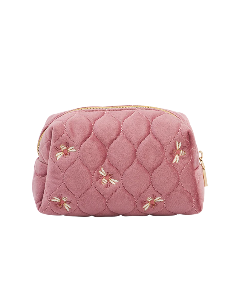 Quilted Bee Embroidered Pouch in Rose Pink Velvet