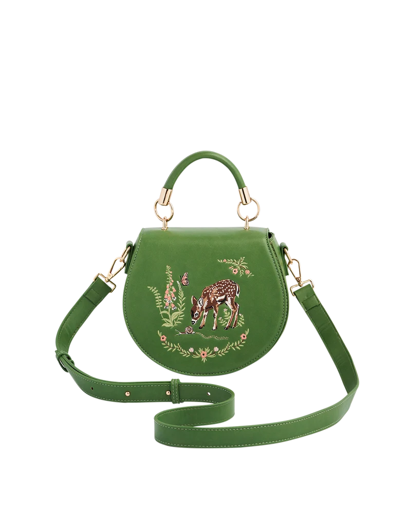 Green Fawn & Snail Embroidered Top Handle Saddle Bag