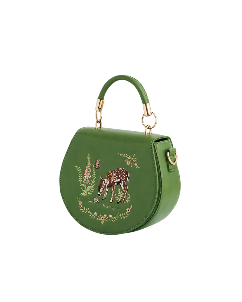 Green Fawn & Snail Embroidered Top Handle Saddle Bag