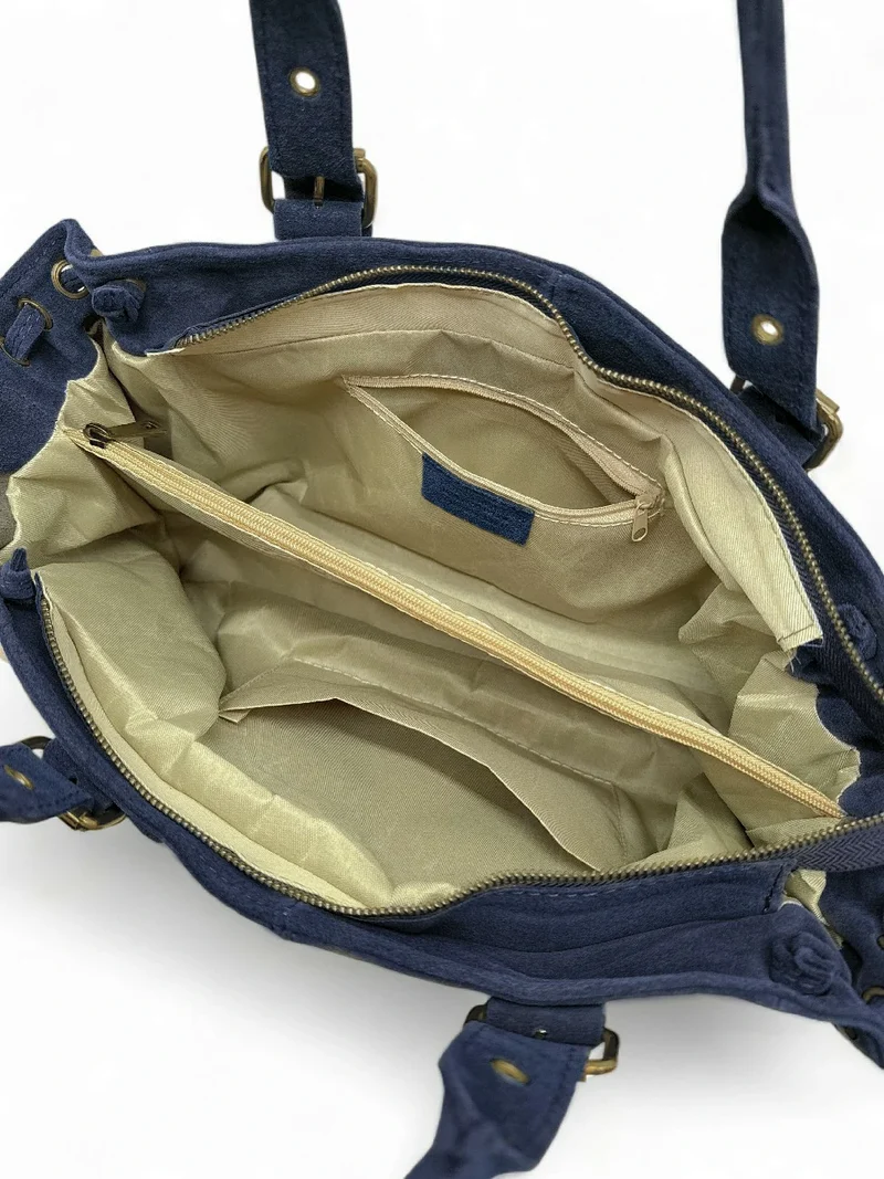 Sac bowling en daim PRINCESSE SUEDE XL BRASS Bleu marine
