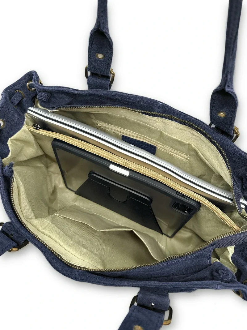 Sac bowling en daim PRINCESSE SUEDE XL BRASS Bleu marine