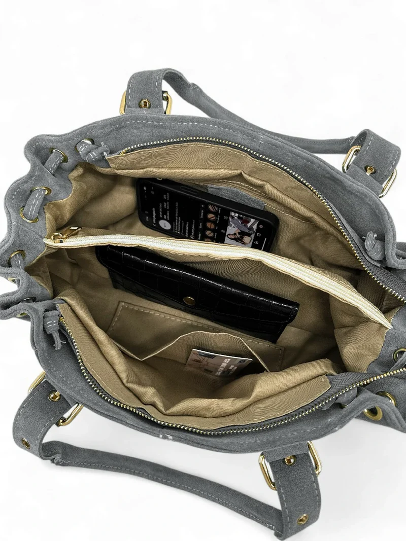Sac bowling en daim PRINCESSE SUEDE Gris pigeon