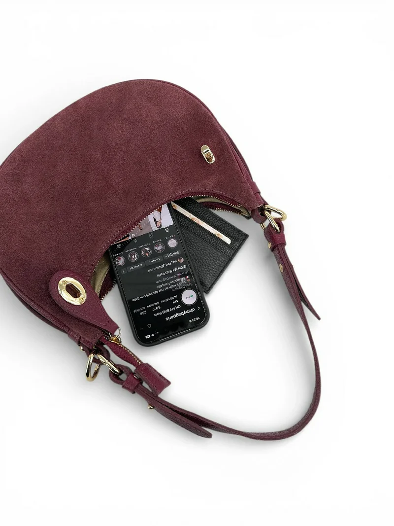 Sac à main demi-lune en daim MUNE Rouge Bordeaux
