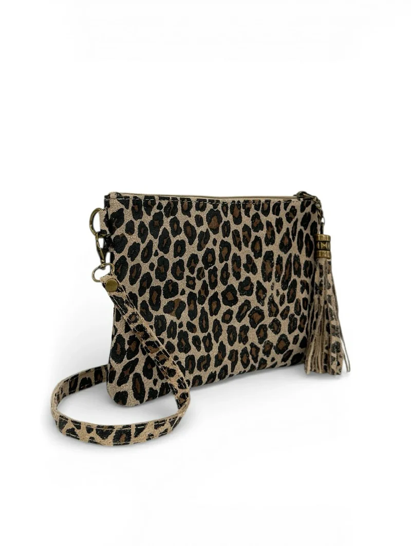 Sac pochette en daim à motif MORGANE JUNGLE Léopard taupe clair