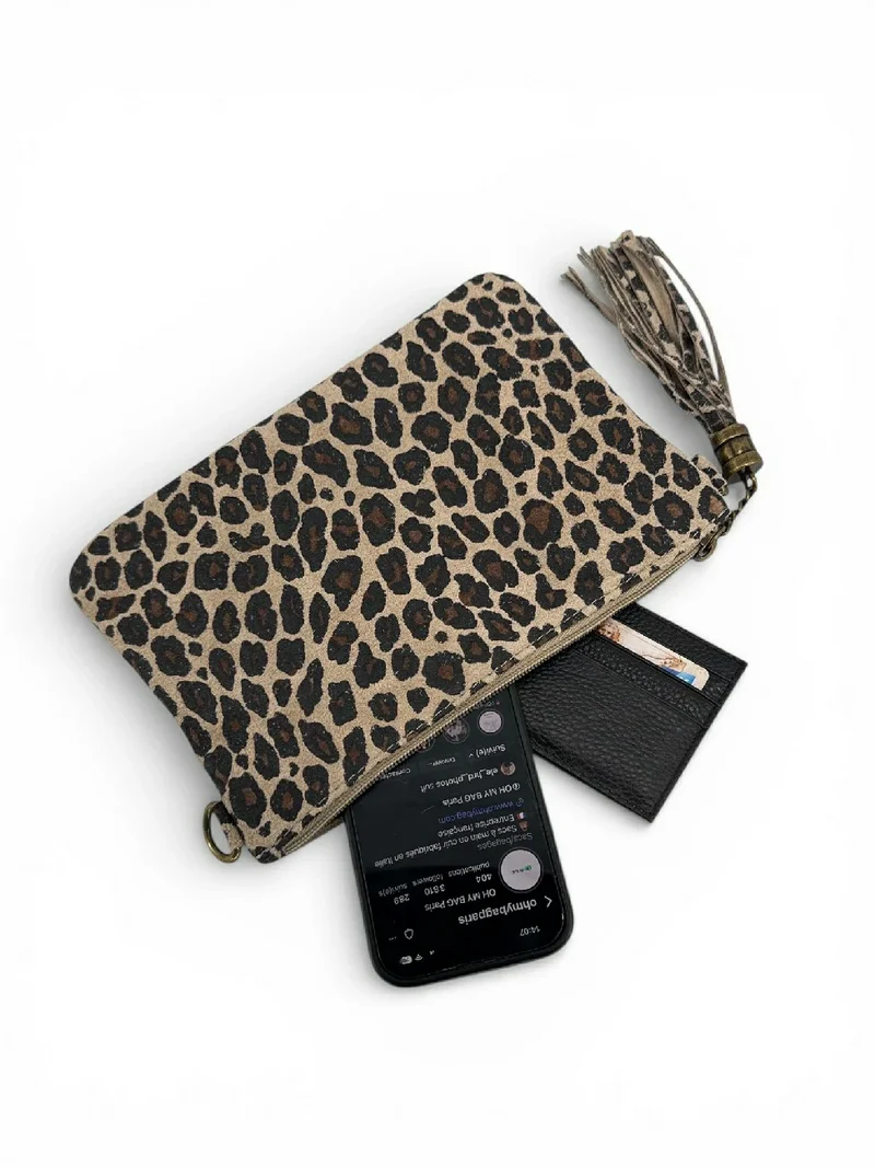 Sac pochette en daim à motif MORGANE JUNGLE Léopard taupe clair