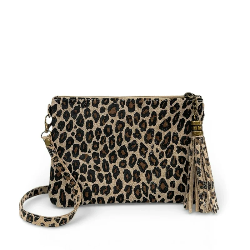 Sac pochette en daim à motif MORGANE JUNGLE Léopard taupe clair