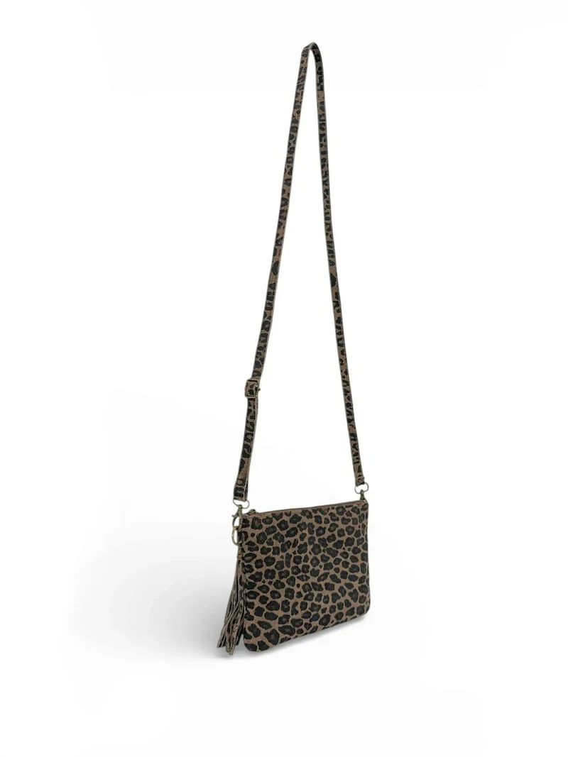 Sac pochette en daim à motif MORGANE JUNGLE Léopard taupe clair