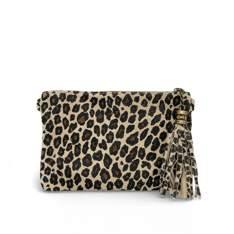 Sac pochette en daim à motif MORGANE JUNGLE Léopard taupe clair