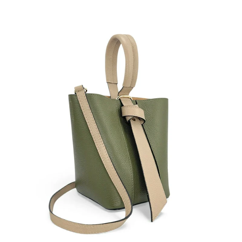 Sac seau et pochette en cuir grainé BIRDIE Beige et Kaki
