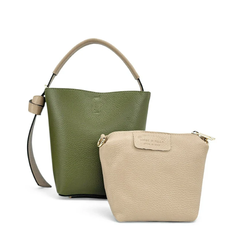 Sac seau et pochette en cuir grainé BIRDIE Beige et Kaki
