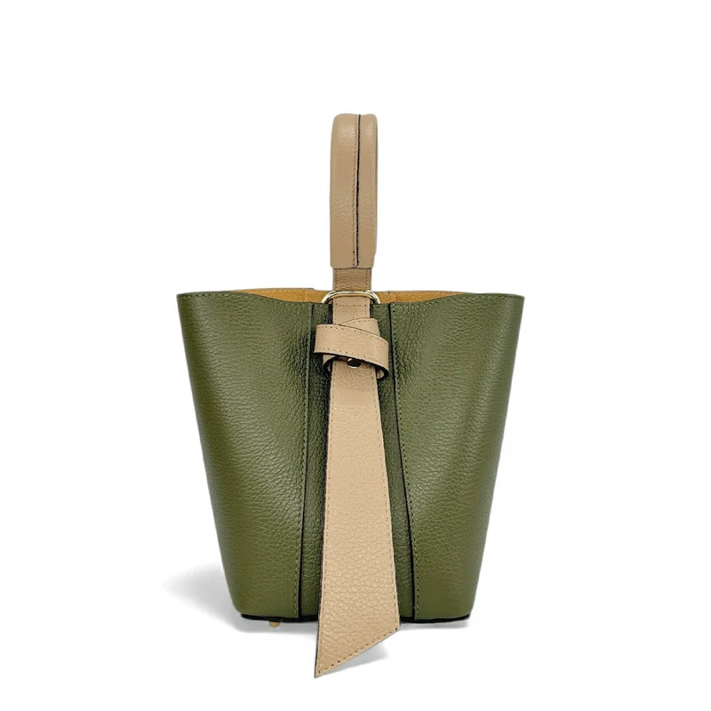 Sac seau et pochette en cuir grainé BIRDIE Beige et Kaki