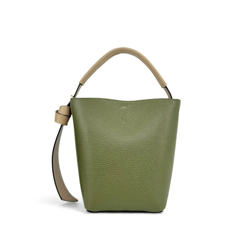 Sac seau et pochette en cuir grainé BIRDIE Beige et Kaki