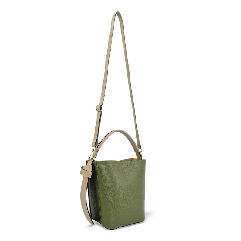 Sac seau et pochette en cuir grainé BIRDIE Beige et Kaki