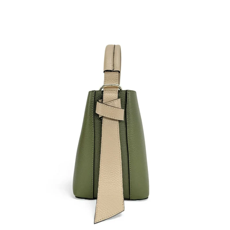 Sac seau et pochette en cuir grainé BIRDIE Beige et Kaki
