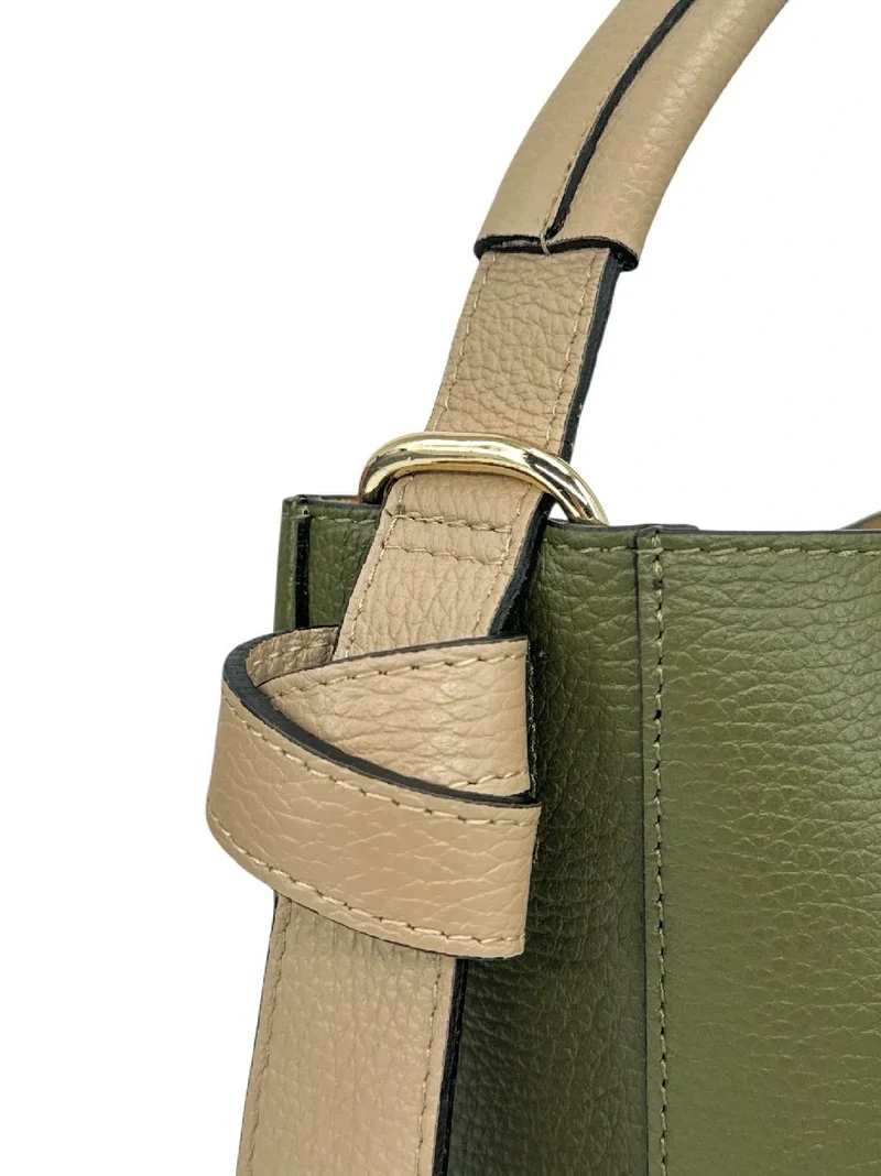 Sac seau et pochette en cuir grainé BIRDIE Beige et Kaki