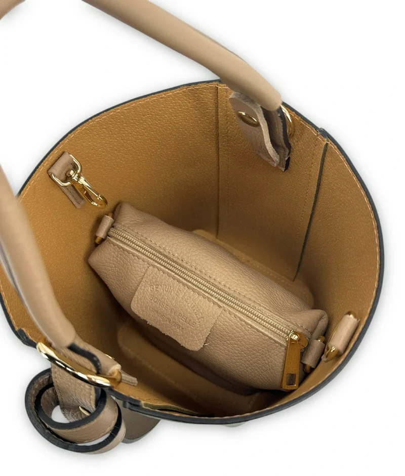 Sac seau et pochette en cuir grainé BIRDIE Beige et Kaki