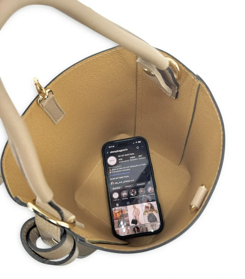 Sac seau et pochette en cuir grainé BIRDIE Beige et Kaki