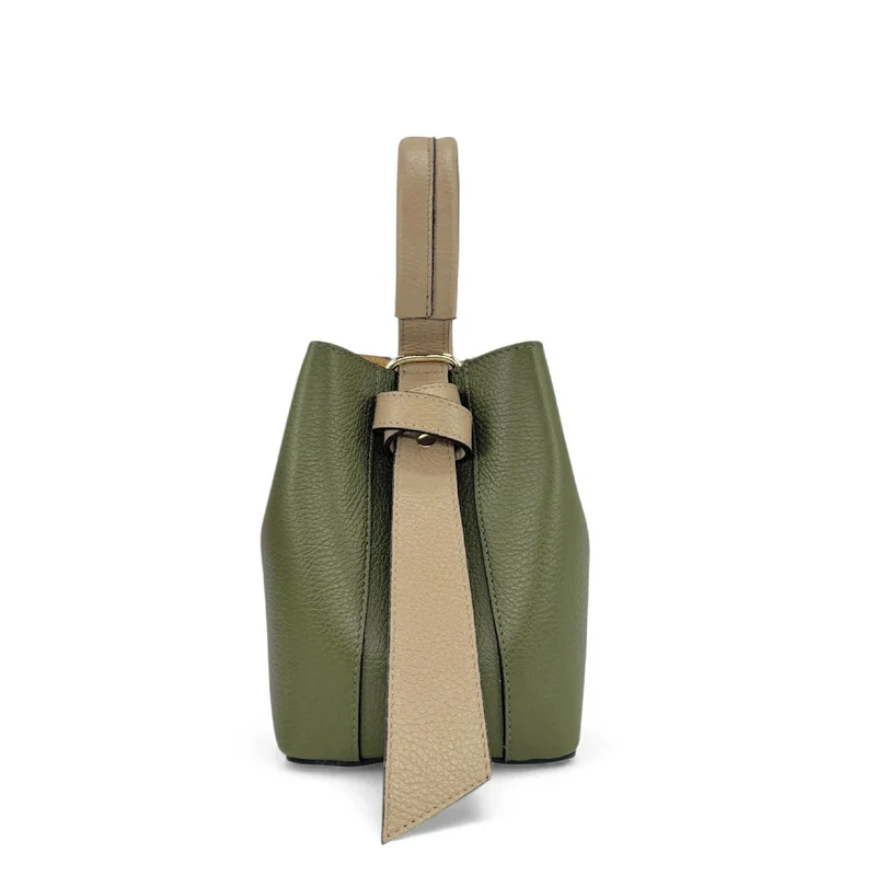 Sac seau et pochette en cuir grainé BIRDIE Beige et Kaki