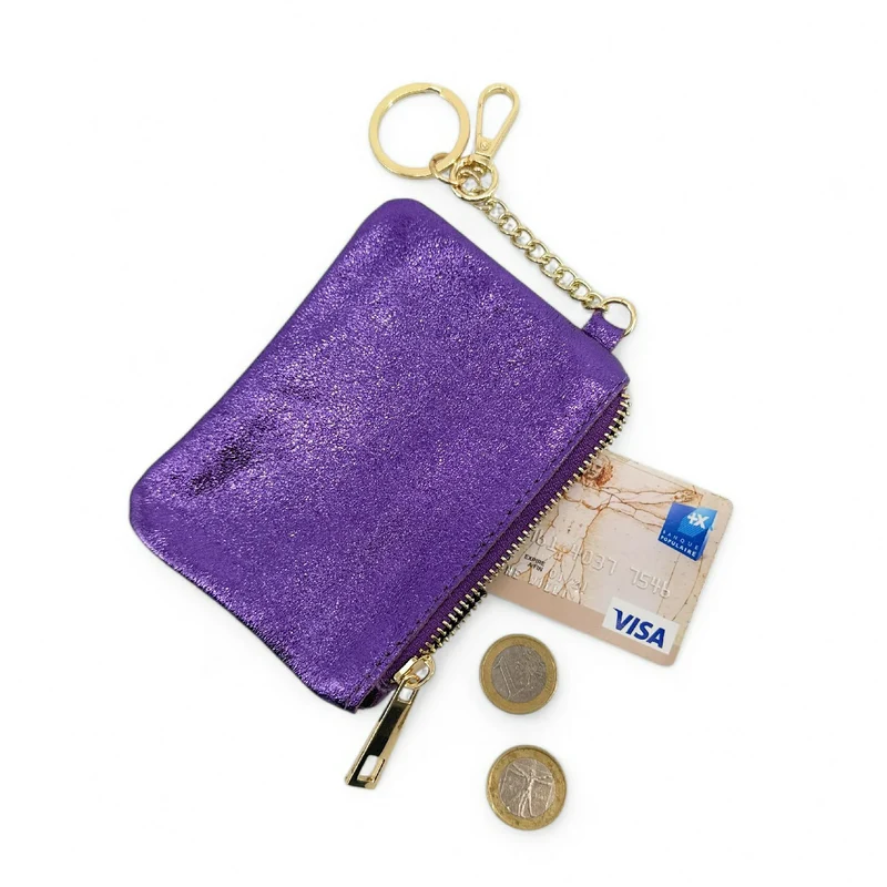 Porte-monnaie porte-clés en cuir irisé POCKET GLOW Améthyste