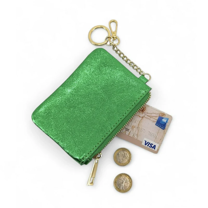 Porte-monnaie porte-clés en cuir irisé POCKET GLOW Vert anglais