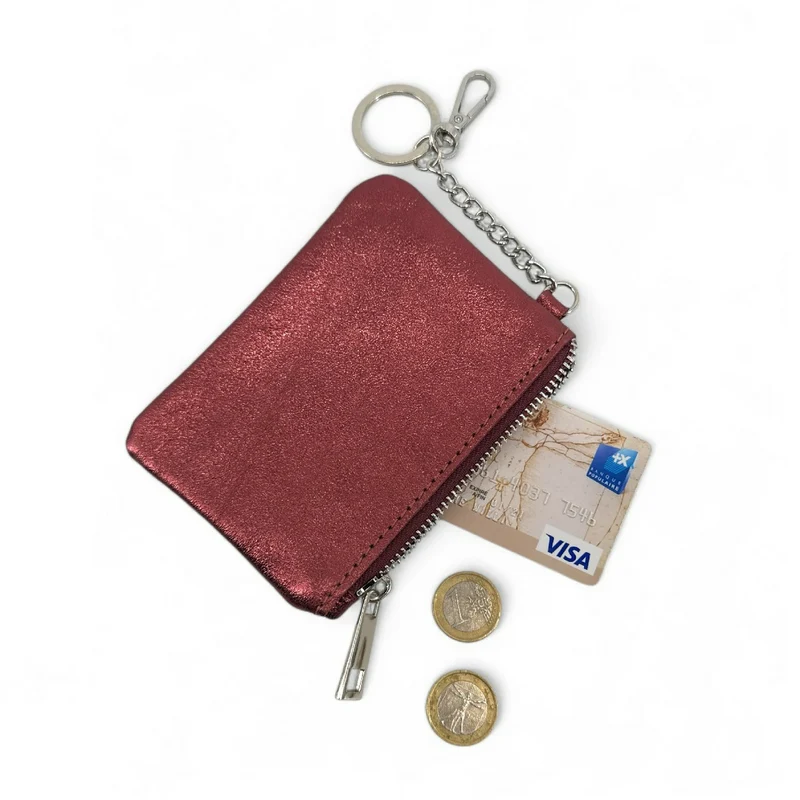 Porte-monnaie porte-clés en cuir irisé POCKET GLOW Bordeaux
