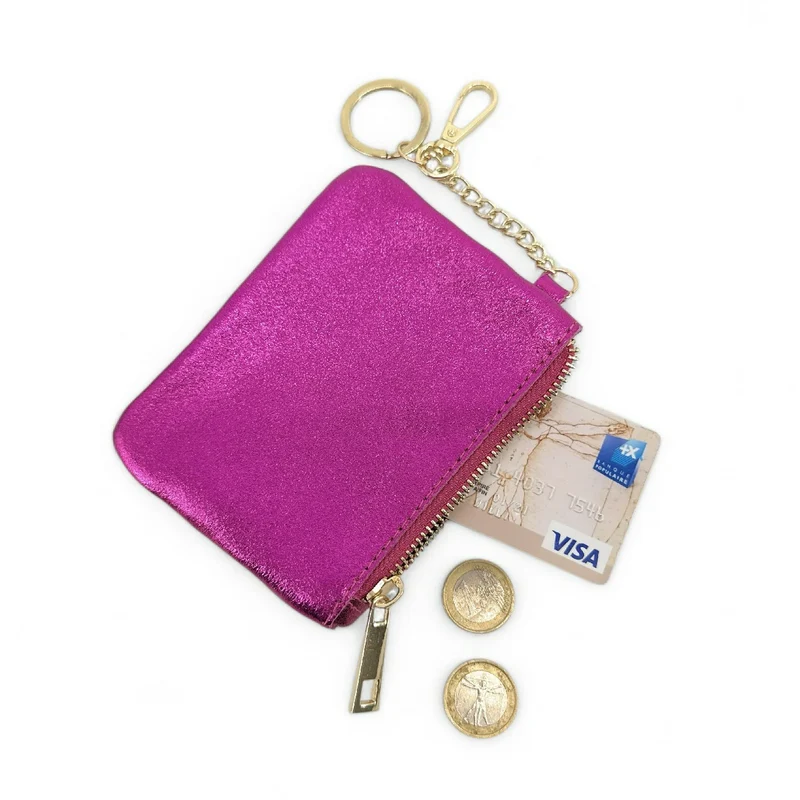 Porte-monnaie porte-clés en cuir irisé POCKET GLOW Rose Fuchsia