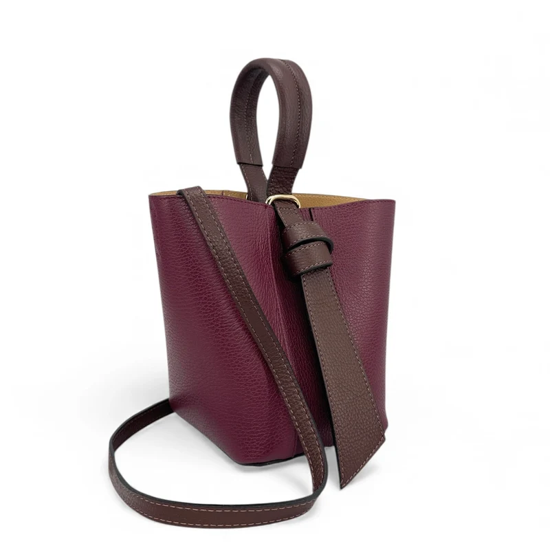 Sac seau et pochette en cuir grainé BIRDIE Marron chocolat et Bordeaux
