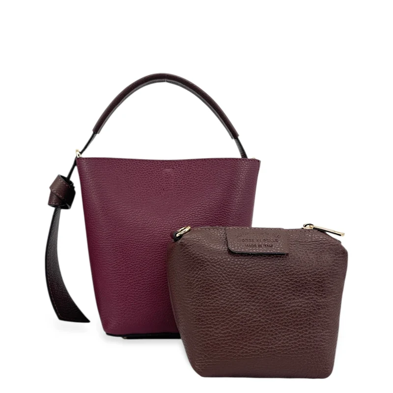 Sac seau et pochette en cuir grainé BIRDIE Marron chocolat et Bordeaux