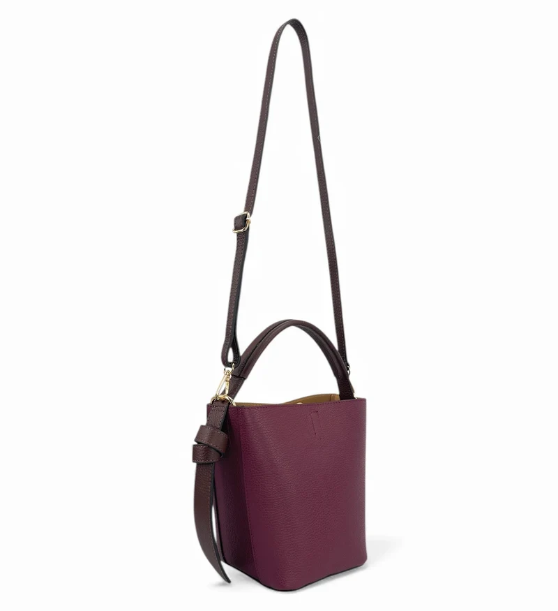 Sac seau et pochette en cuir grainé BIRDIE Marron chocolat et Bordeaux