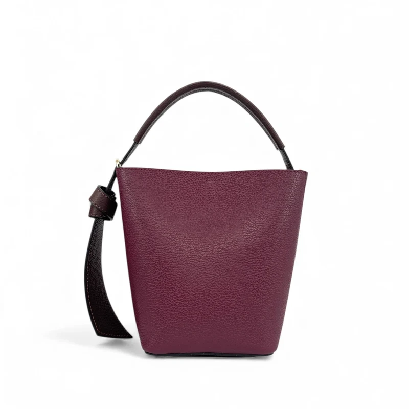Sac seau et pochette en cuir grainé BIRDIE Marron chocolat et Bordeaux