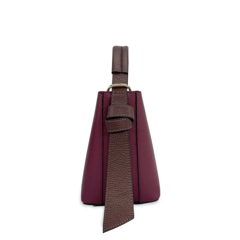 Sac seau et pochette en cuir grainé BIRDIE Marron chocolat et Bordeaux
