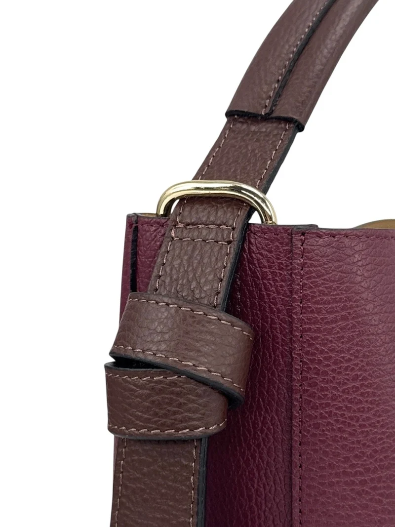 Sac seau et pochette en cuir grainé BIRDIE Marron chocolat et Bordeaux